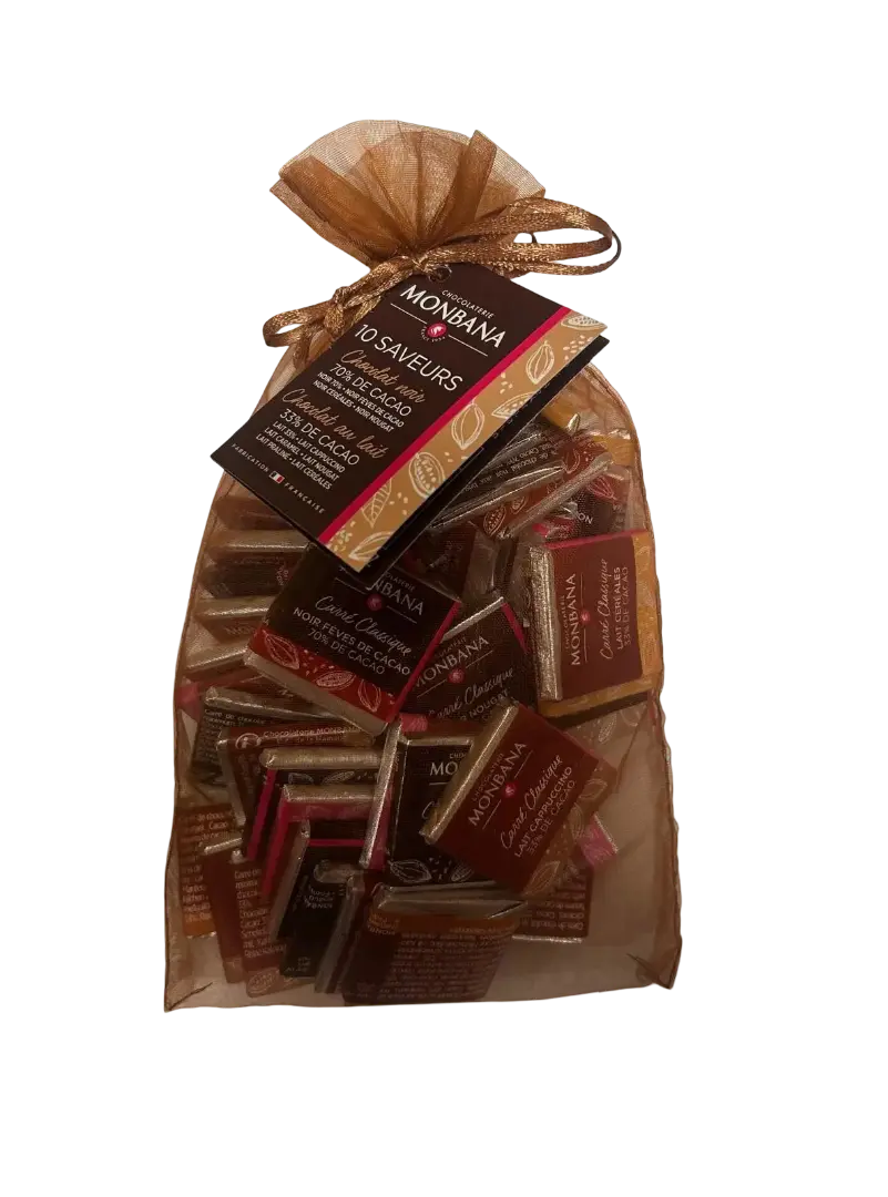 Assortiment de 50 carrés de chocolat au lait – 6 saveurs (sachet)