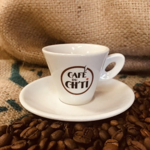 Tasse de café et sa sous-tasse, logotée "Café du Ch'ti"