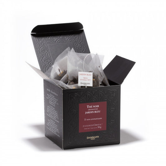 Thé noir aromatisé Jardin Bleu. Boîte de 25 sachets